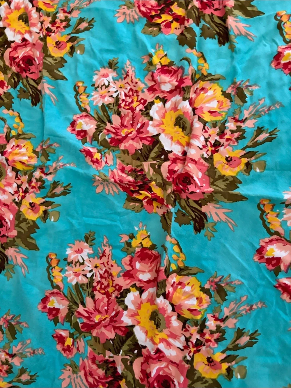 Turquoise Floral Cotton  - Pink & Yellow Bouquet  cloth